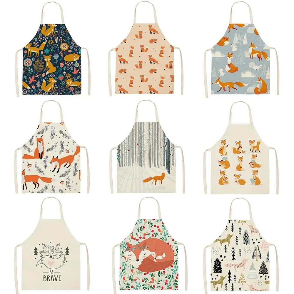 Denim Cotton Linen Apron Cute Fox Cat Pattern Apron Women Men Children's Cooking Oil-Proof Kitchen Cooking Bib Apron