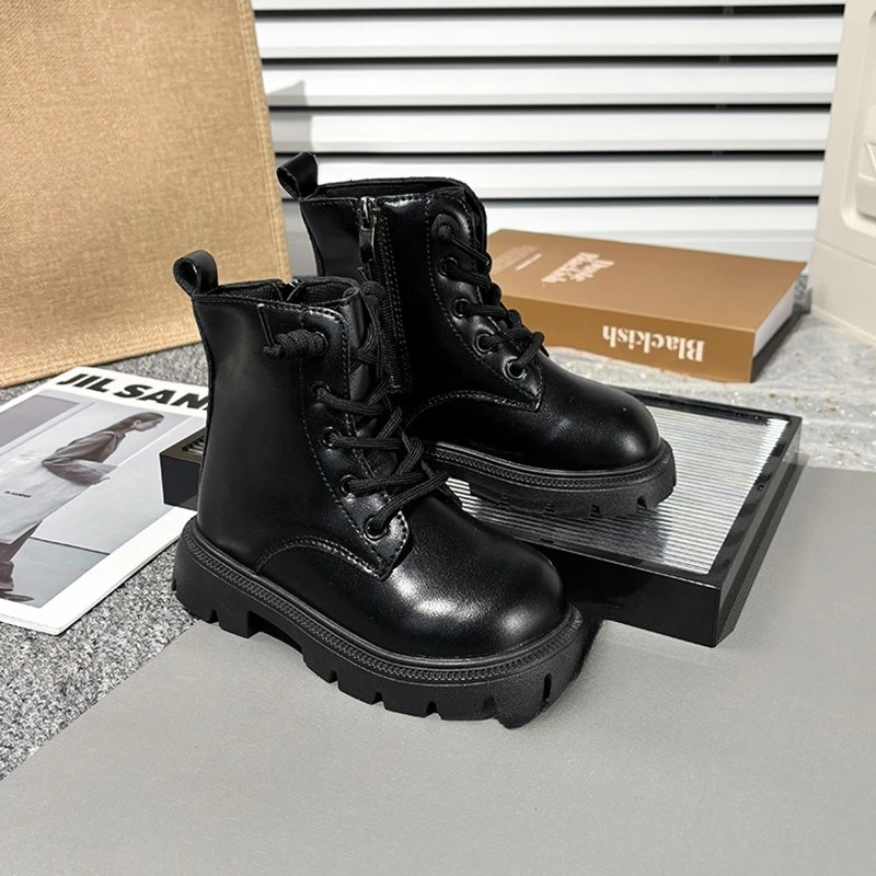 Leather Kids Platform Boots for Girls Black Beige Autumn School
