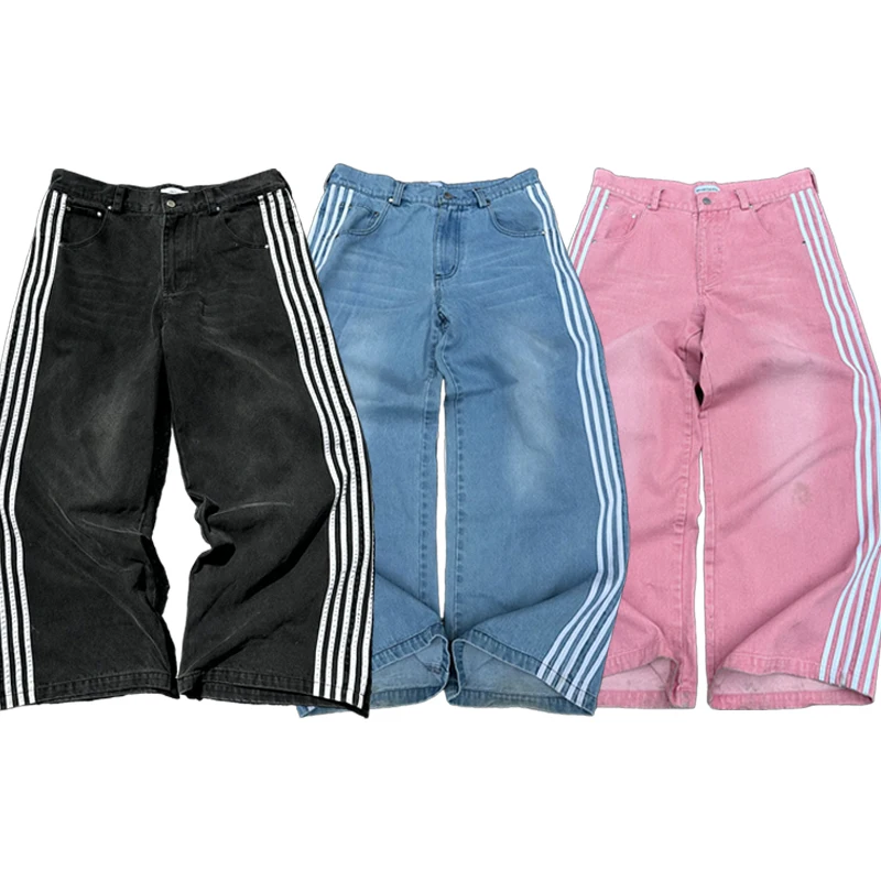 Streetwear workowate dżinsy mężczyźni kobiety Y2K w paski haftowane proste dżinsy na co dzień Harajuku Retro luźne spodnie szerokie nogawki spodnie unisex