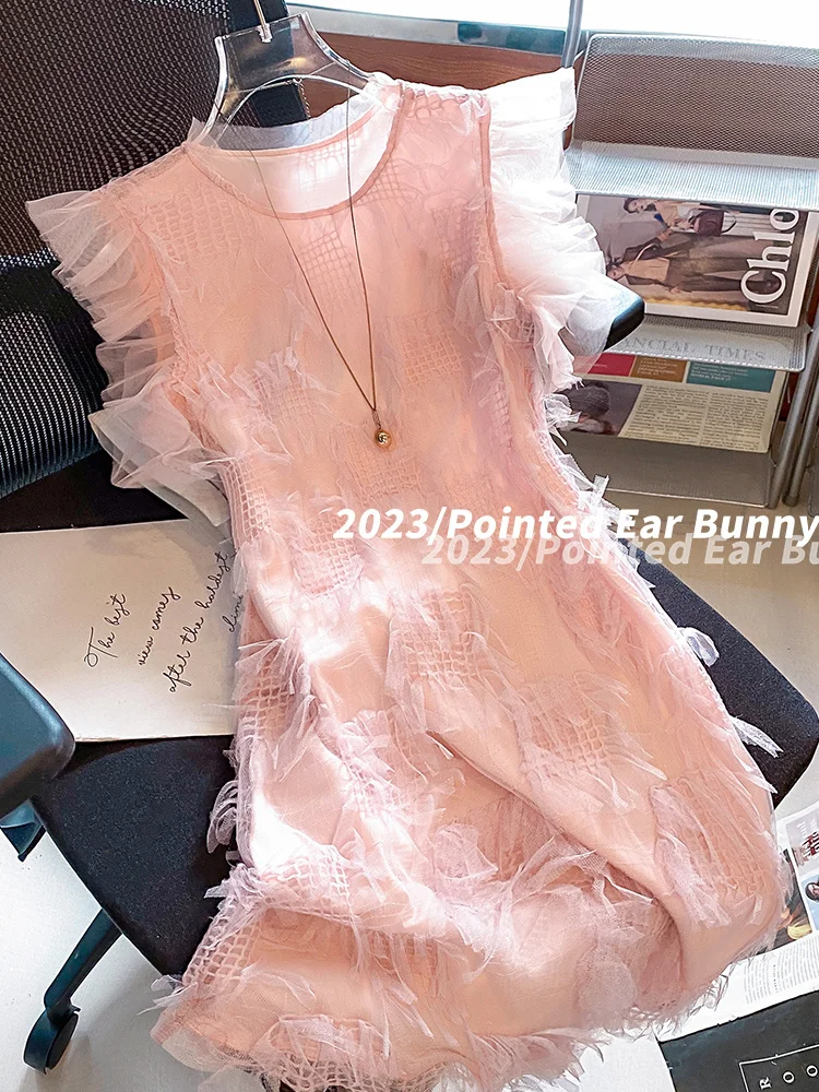 

Mesh Splice French Style Celebrity Pink Dress Summer New Sweet and Premium Feel Slim and Unique Skirt