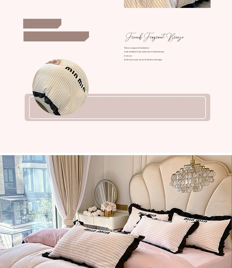 Description Picture 4 of itemRuffles Striped Bedding Bed Sheet Duvet Cover Fitted Full Bedspreads Sets AB Double-sided Skin-friendly Summer Bedroom Linens