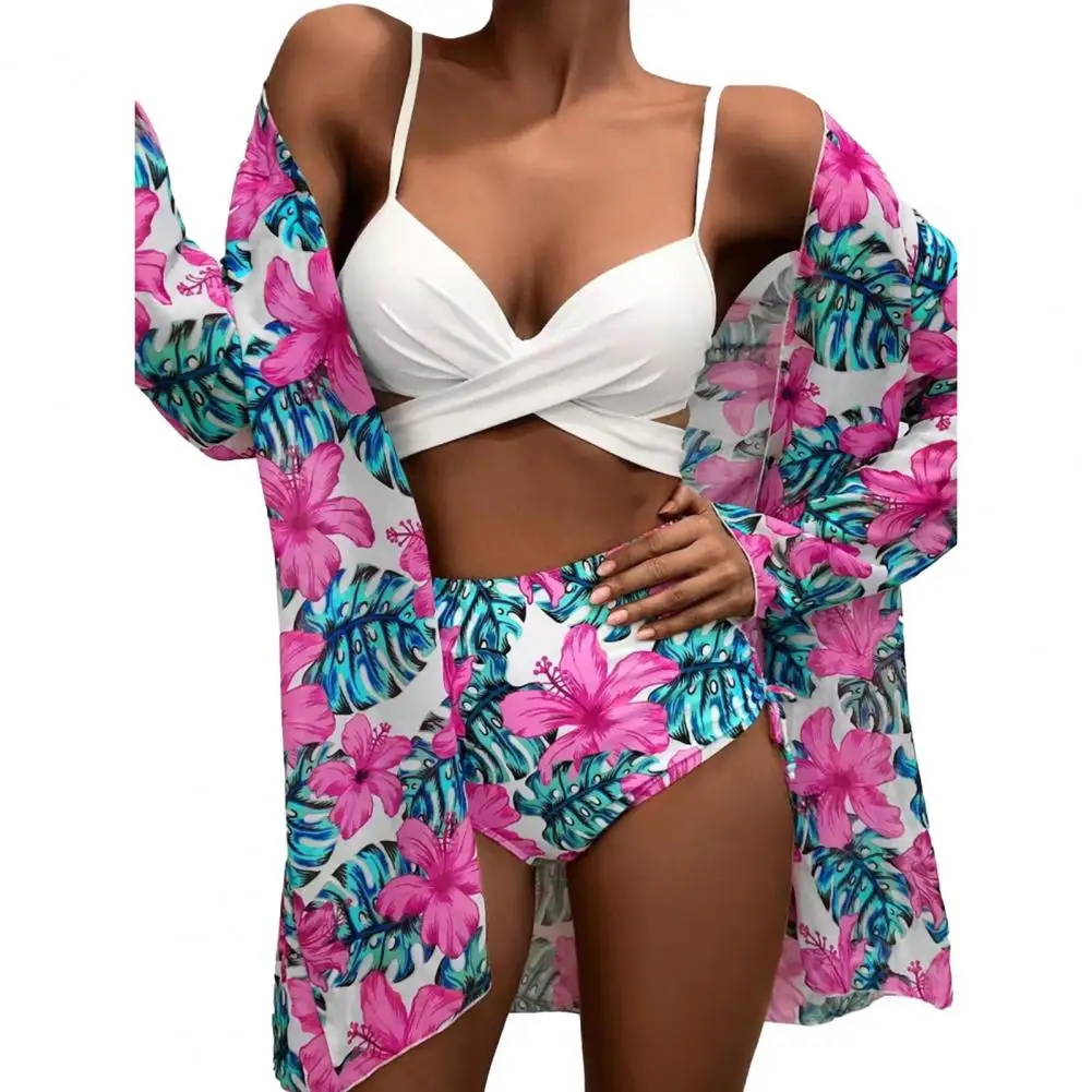 

Floral Print Swimwear V-neck Swimsuit Floral Print Bikini Set with High Waist Briefs Cross Sling Bra Cardigan for Beach for A