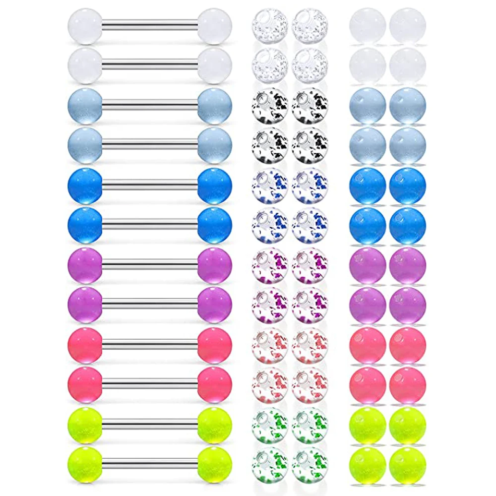 12pcs Nipple Rings + 48pcs Replacement Balls 14G Tongue Rings Nipple