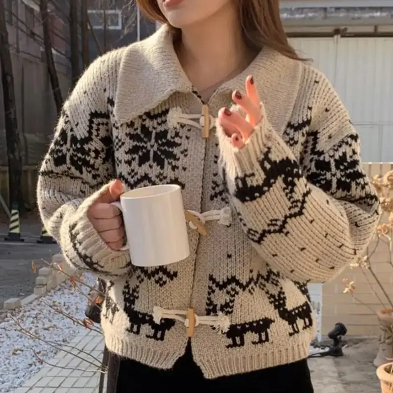 용수철 눈송이 사슴 무늬 여성용 스웨터 재킷, 뿔 단추 턴다운 칼라, 양모 니트 가디건, 캐시미어 코트, 점퍼 H716