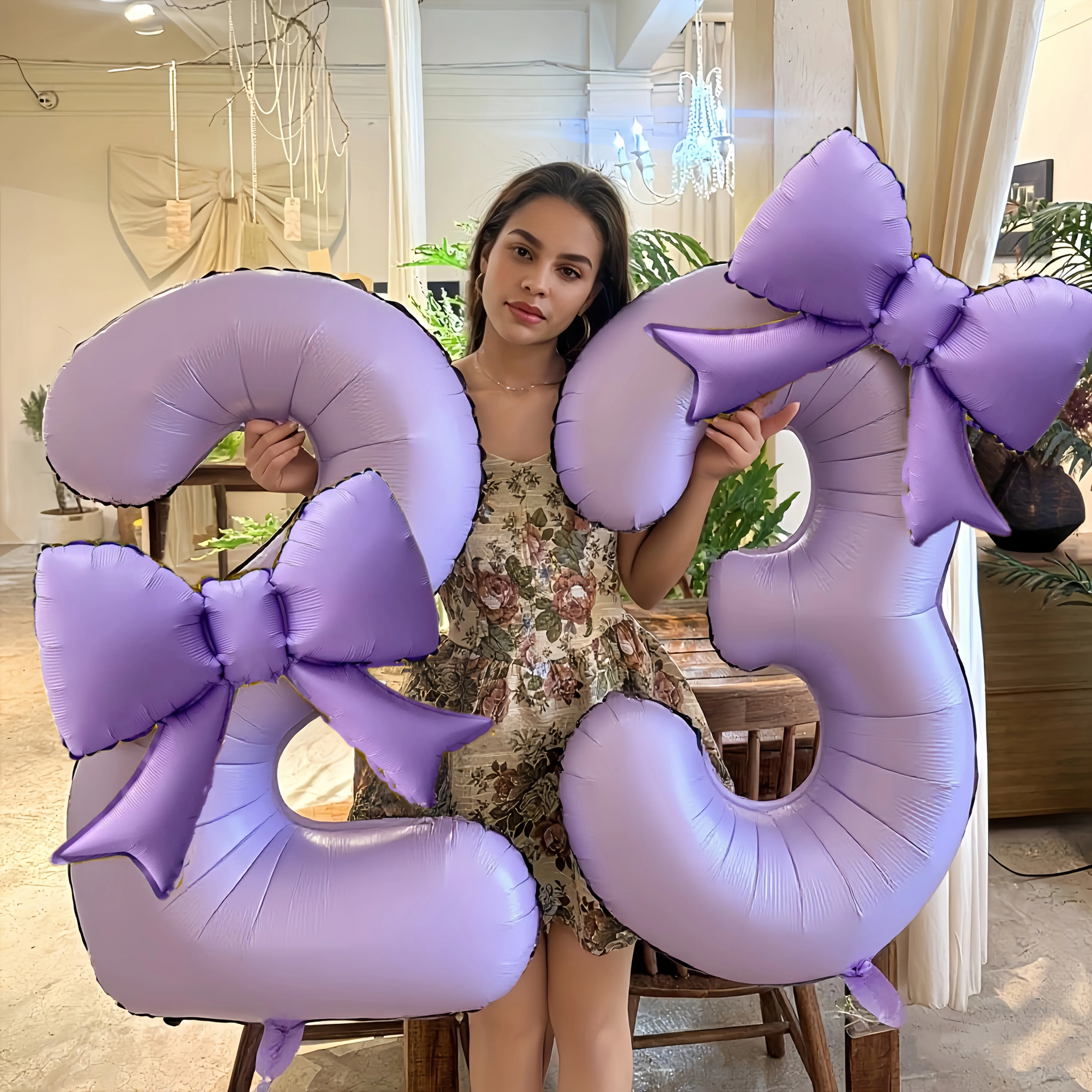 2 Stück 40 Zoll cremefarbene und violette Zahlenballons 0-9 mit Schleife für Kinder und Erwachsene, Geburtstagsdekoration, festliche Partyzubehör, Jubiläumsballon
