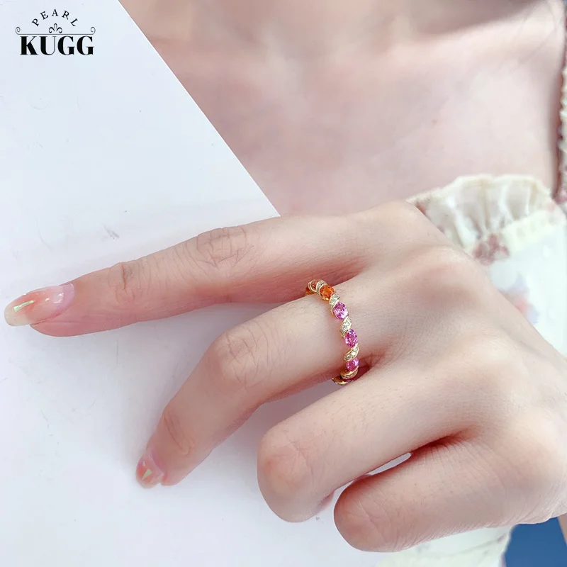 KUGG 18K Yellow Gold Rings Natural Rainbow Sapphire Design Luxury Diamond Ring for Women Engagement Jewelry