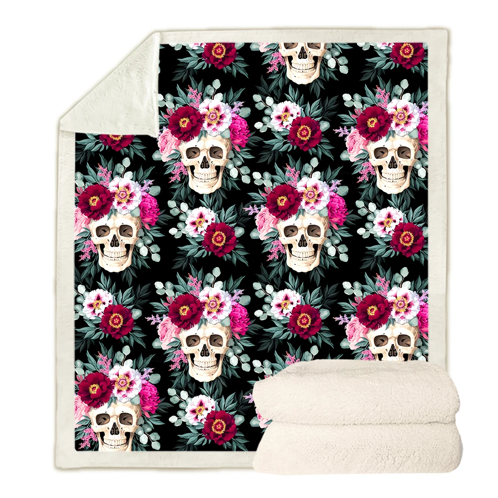 

CLOOCL Fashion Blanket Florals Wreath Skull 3D Printed Throw Blankets for Bed Double Layer Nap Quilts Travel Portable