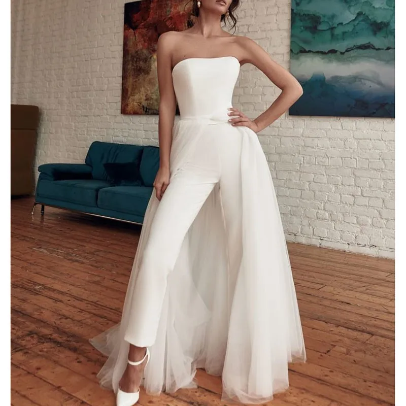 Sexy White Mesh Patchwork Jumpsuit Party Evening Tube Top Sleeveless