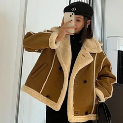Retro Y2K High Street Suit Collar Suede Lamb Wool Coat Female Korean Style Loose Lamb Fleece Motorcycle Winter Jacket Woman New