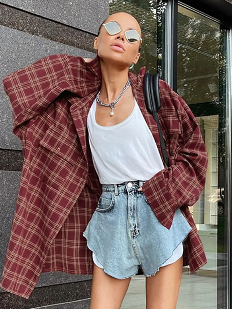 

Retro American Red Plaid Antique Comfy Autumn New Blouse Women Casual Design Sense Loose Long-sleeved Shirt Blusas Femininas