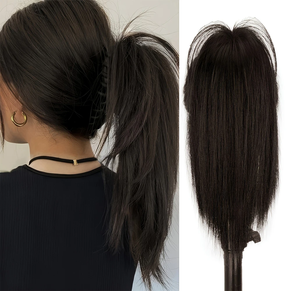 14Inch Synthetic Waterfall Long Straight Black-Brown Claw Clip in Ponytail Extension Everyday Use