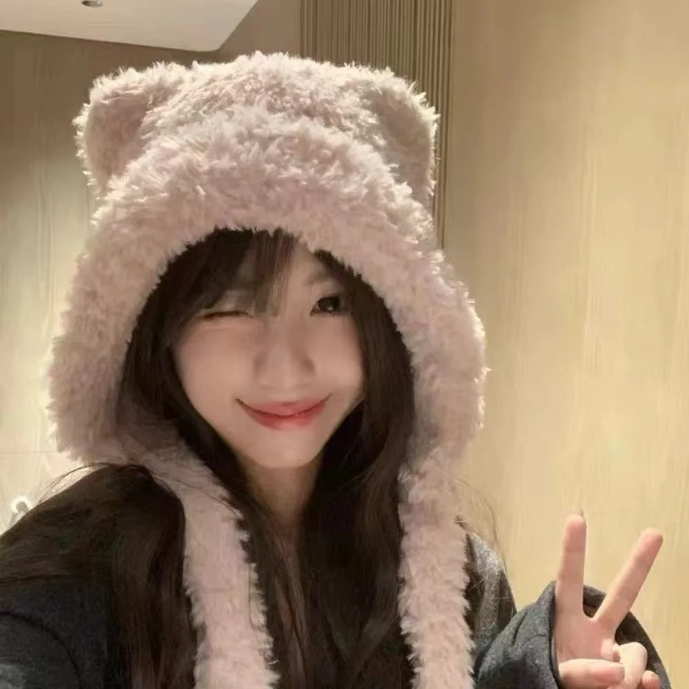 Women's Bear Ear Hooded Hat Fluffy Cute Bear Ear Design Windproof Warm Ear Protection Large Head Size Spring Autumn Winter Cap