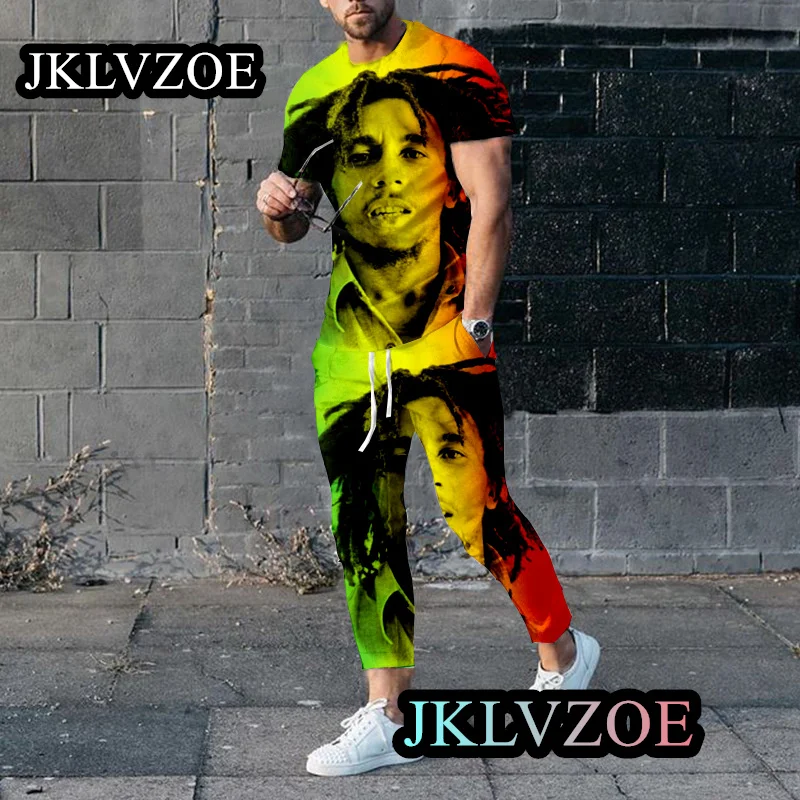 Men's Summer Bob Marley Tracksuit Sets One Love T-Shirt Pants Set Male Fashion Suit Casual Vintage Outfit Reggae Music Clothing