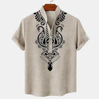 Men's shirt ethnic style 3D printing henley shirt, men's fashion button down collar short sleeve, high quality men's tops