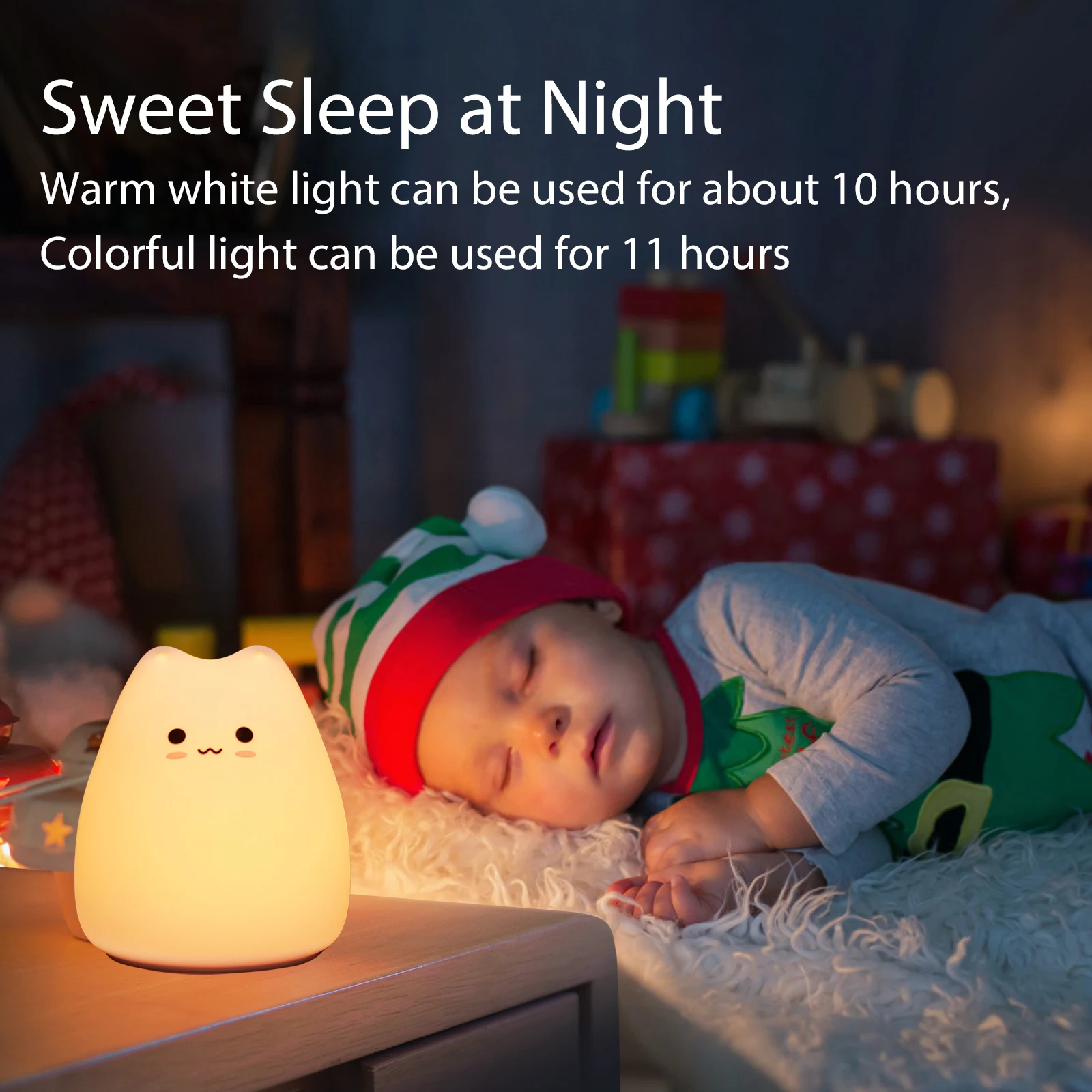 Color Changing Night Light Mini Kawaii Cat Baby Lamp 7-color Pat Touch Eye Protection