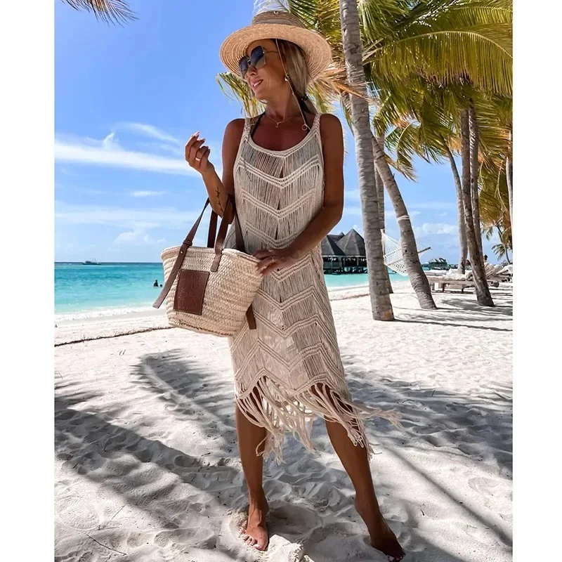 2024 White Crochet Tunic Bikini Cover-ups Sexy Hollow Out Dress for Women Summer Clothes See Through Beach Wear Tassel Cover Up