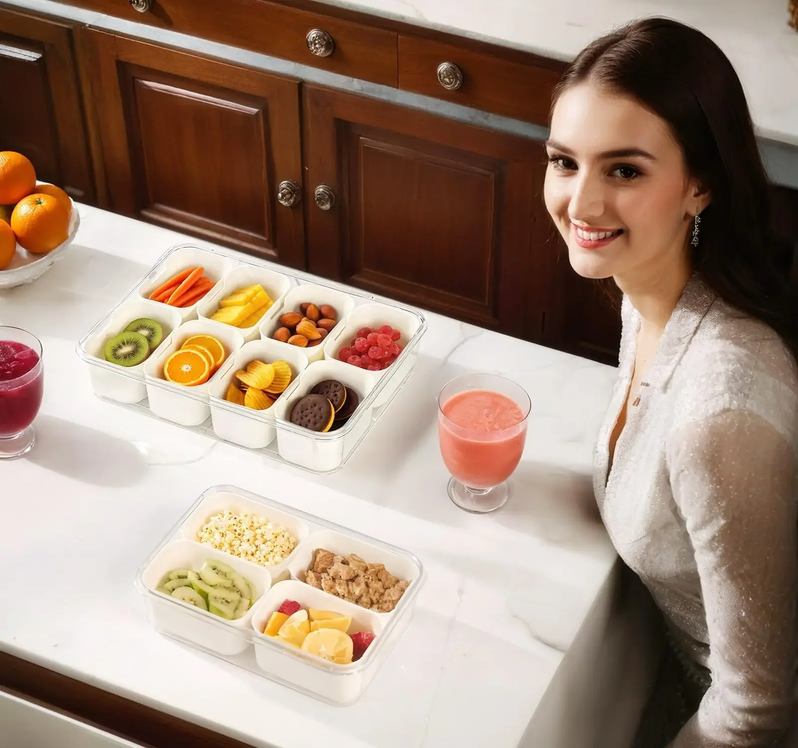 8 Grid Snack Box Container Portable Travel Charcuterie Board with Lid Refrigerator Food Storage Box Organizer Candy Storage Tray