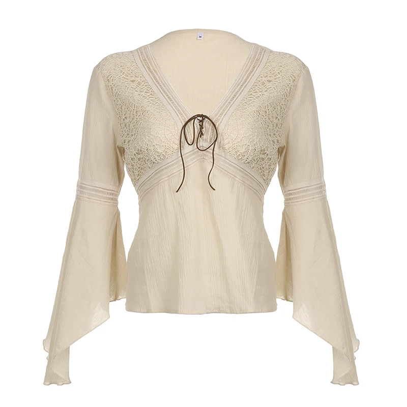 Elegant Beige Women Top Cotton V Neck Flare Sleeve Loose Fit Aesthetic Tee Shirt Vintage Chic Back Lace Up Pullovers