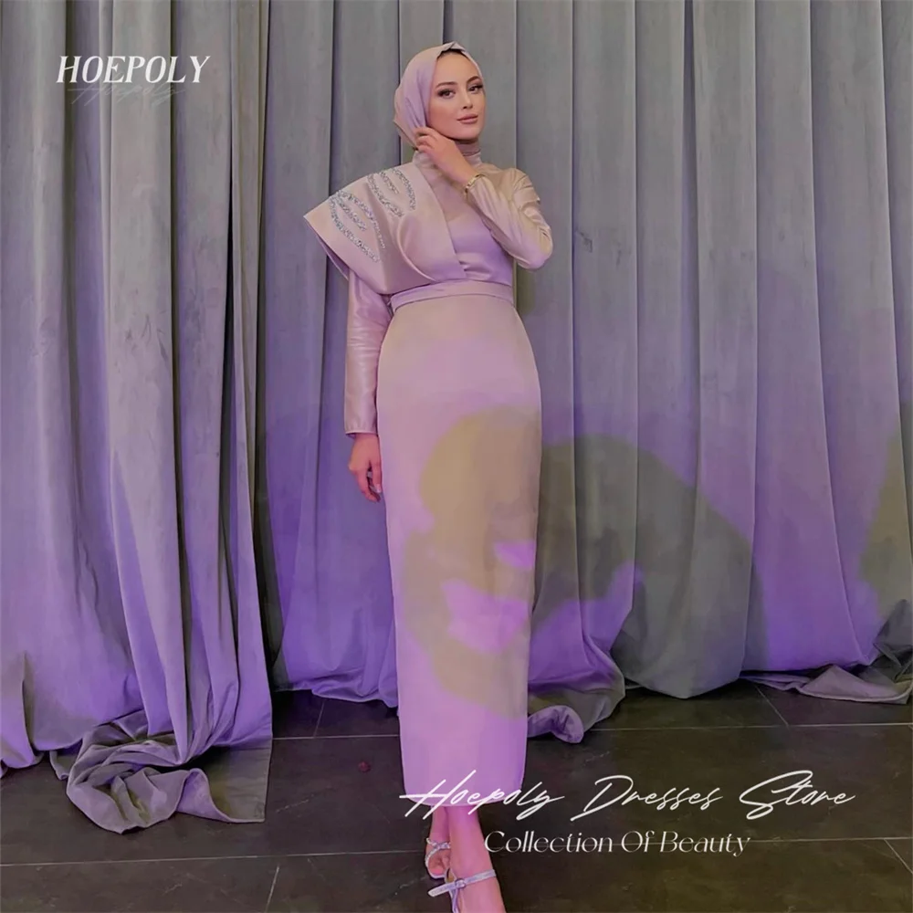 

Hoepoly Straight High Neck Muslim Arabic Prom Dresess Ankle Length With Long Sleeves Sequins Women Evening Dress 2023