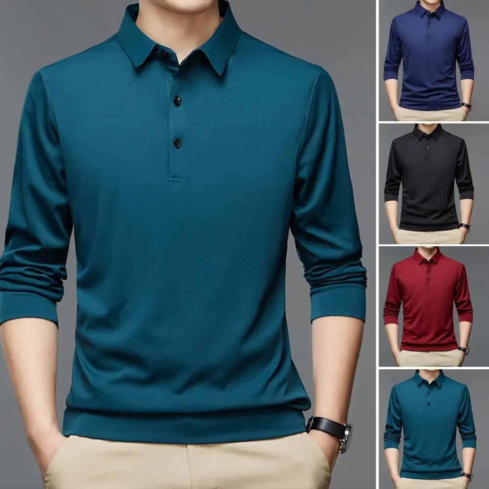 

Men Pullover Top Polos Shirt Casual Business Tops Solid Polos Shirts Mens Long Sleeve Polos Homme Fashion Korean Slim Lapel Tee