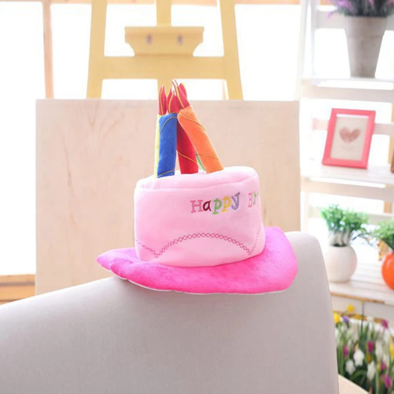 

Cute Birthday Cake Hat Women Funny Plush Toy Headgear Men Party Cosplay Headwear Beanie Cap Happy Birthday Headcover Photo Props