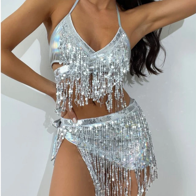 Womens Glitter Silver Sequin Halter Backless Bra Cropped Top Festival Party  Club