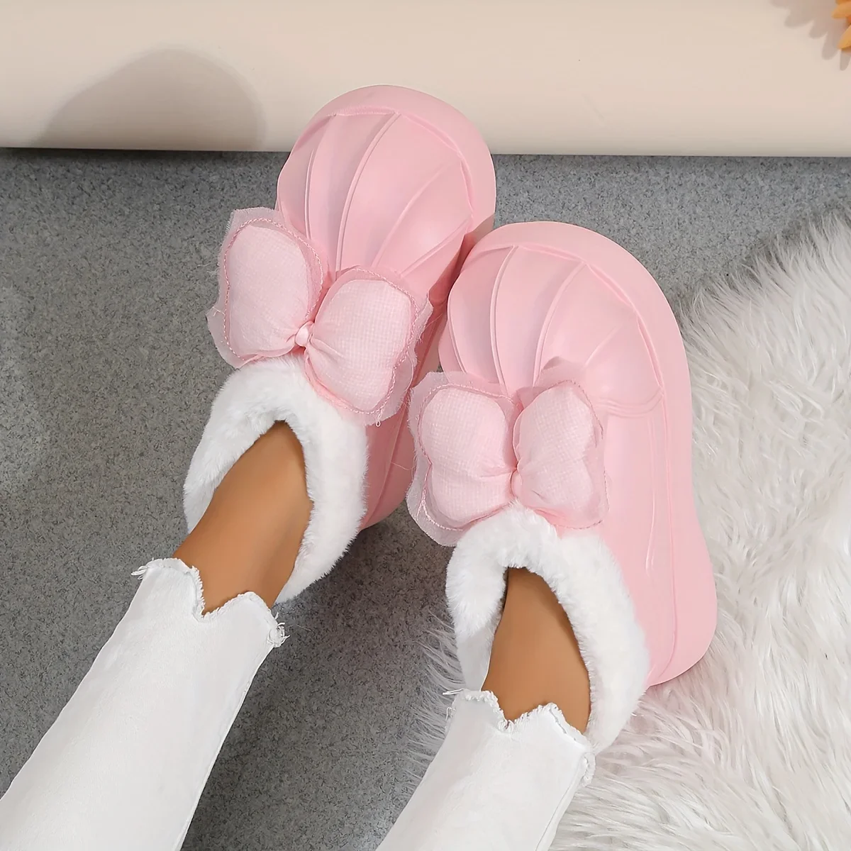 

Women Solid Color Fluffy Boots Slip On Fleece Lining Platform Soft Sole Cute Shoes Bowknot Decor Winter Plush Shoes