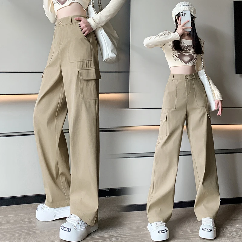 

Autumn and winter composite fabric overalls women's multi-pocket high waist wide leg loose straight leg casual pants