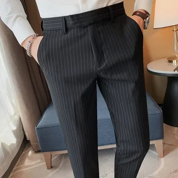 남성용 블랙 스트라이프 정장 바지, 남성 웨딩 드레스 바지, 비즈니스 캐주얼 정장 바지, 영국 스타일, 고품질