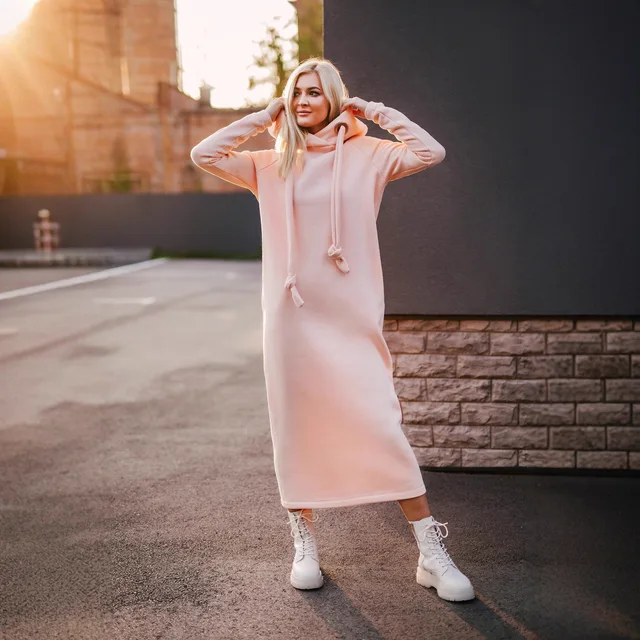 Plus Size Women Fashion Loose Autumn Winter Large Knitted Hooded Long Dress Velvet Hoodie Casual Dress Splicing Warm Dress