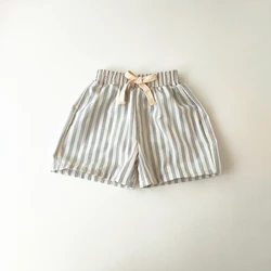 Children's Vintage Linen Cotton Stripe Shorts - Summer Casual Wear - 4T(110) (Shorts Blue Gray)