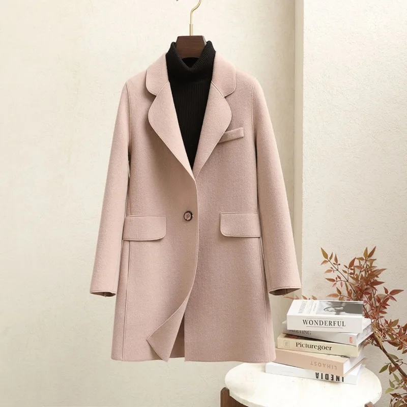 Women's Double-Sided Cashmere Woolen Coat, Mid-Length, Monochromatic, Suit Collar, Loose Outwear, High-End, New, Autumn, Winte