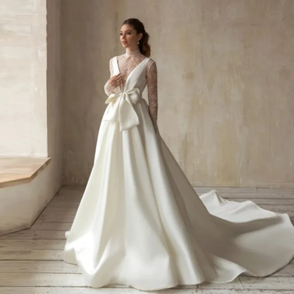 

Luxury Wedding Dresses for Women V Neck Bow Satin Bridal Ball Gowns Lace Button Illusion Long Sleeve Vestidos De Novia W10341