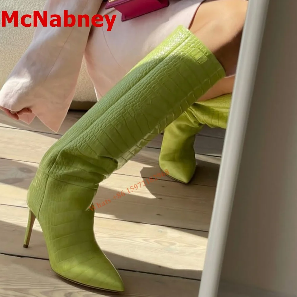 

New Runway Solid Boots Knee High Stone Pattern Pointy Toe Women Shoes Slip On Thin High Heel Real Leather Boots Autumn Banquet
