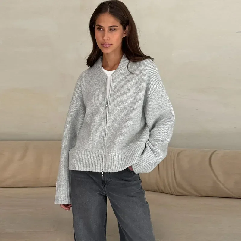 Autumn Winter Zipper O-neck Knitted Cardigans Women Solid Loose Long Sleeve Sweater Top Fashion Lady All-matching Knitwear