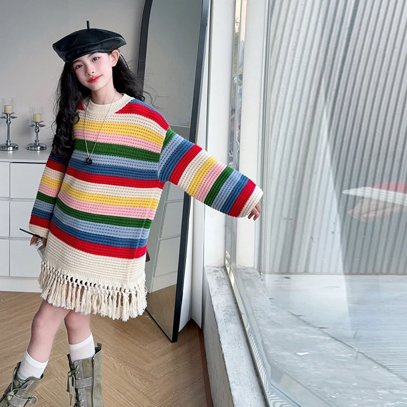 아동용 스웨터 4-14세 여아 캐주얼 패션 봄 가을 니트웨어 트윈 레인보우 컬러풀 의상 아동 한국 스타일 풀오버