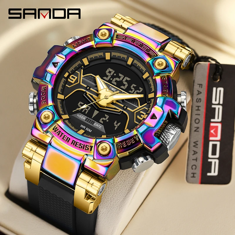 Fashion SANDA Top Brand Colorful Men Dual Movement Display Watches Multifunctional Men Clock Luminous Waterproof Reloj Hombre