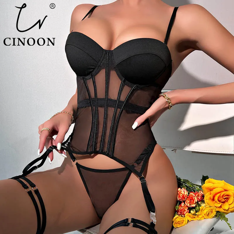 

CINOON Sexy Women Corset Elasticity Temptation Bodysuit Lace Mesh Underwear Slimming Breathable Push Up 3 Bralette 3 Pcs/Lot