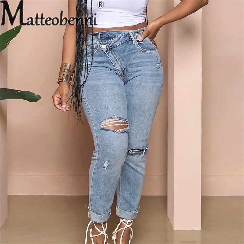 Fashion Mid-waist Slant Button Splicing Pencil Jeans Women's Broken Holes Denim Pants Female Slim Fit Trousers Casual Streetwear