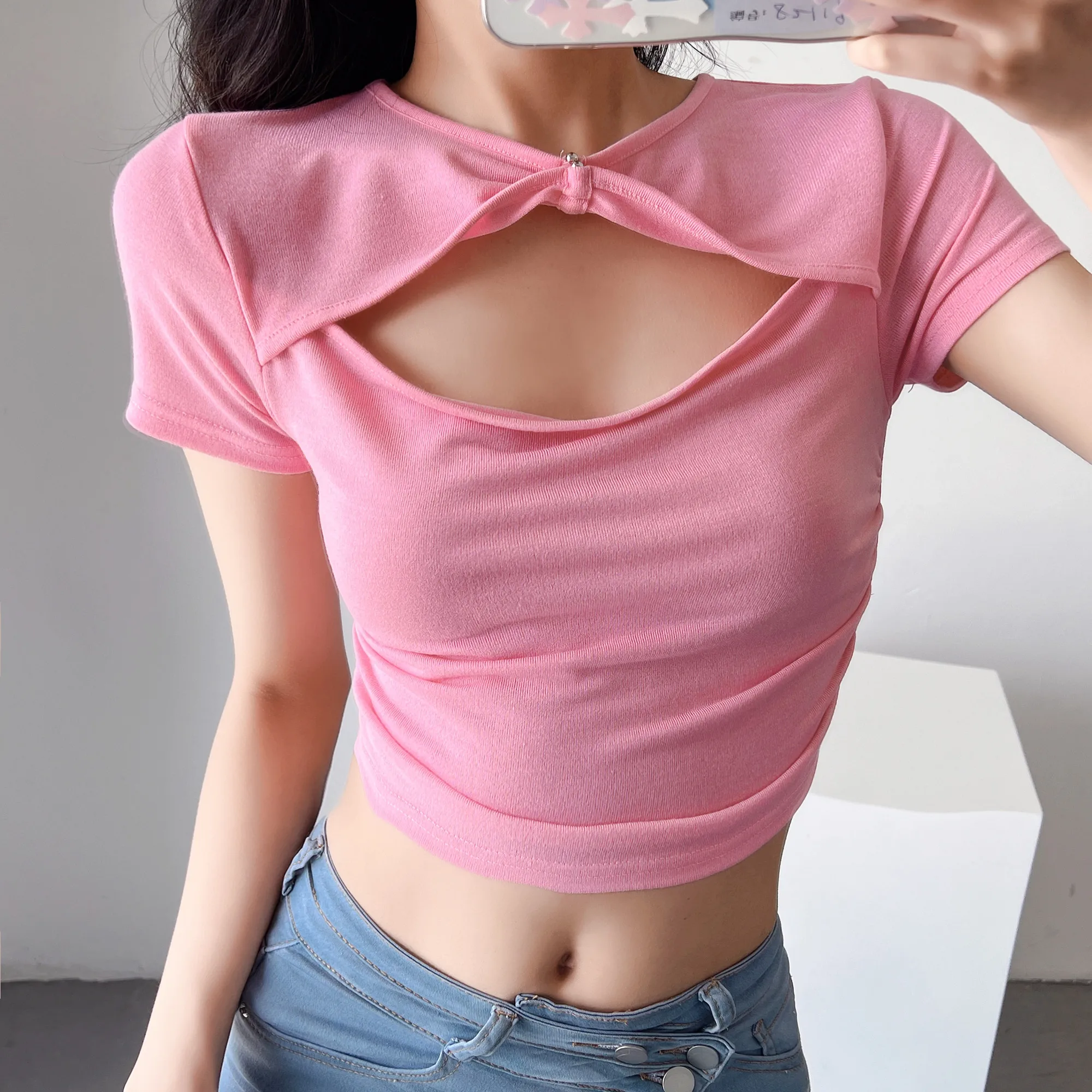 

UNUTH Girls Hollowed-out Fake Two Piece Tees 2022 Summer Fashion Ladies Soft Short Sleeve Female Knitted Solid Color Tees Top