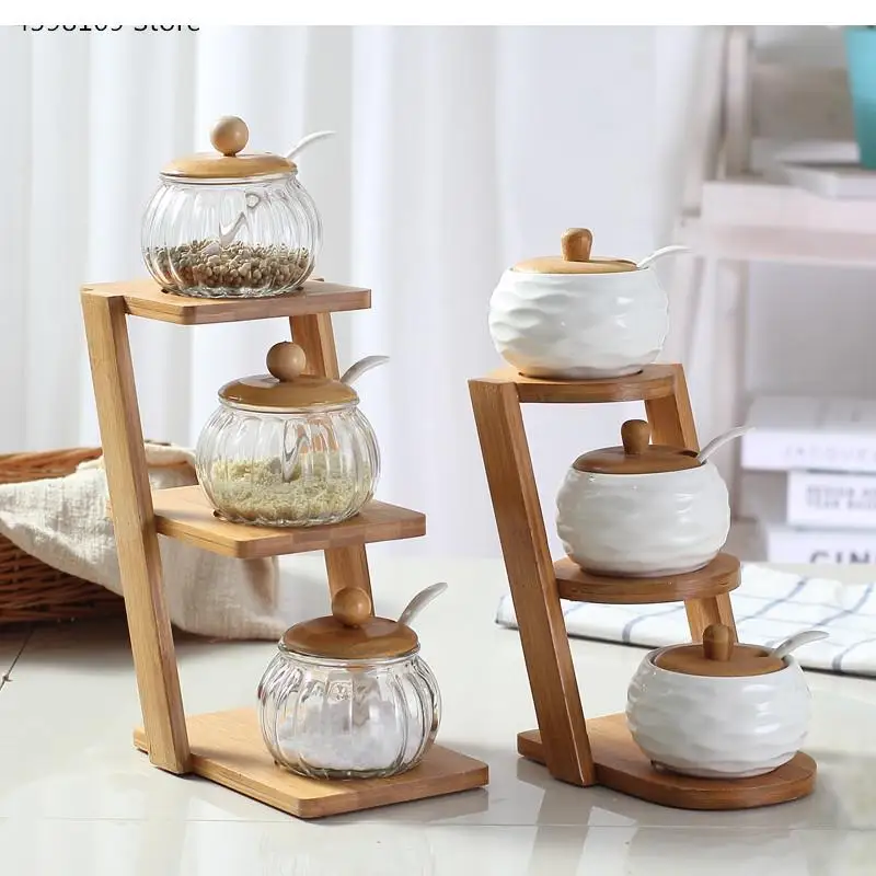 3 Piece Set Kitchen Supplies Ceramic Seasoning Pot Pepper Salt Glass Cruet Trapezoidal Bamboo Rack Tray