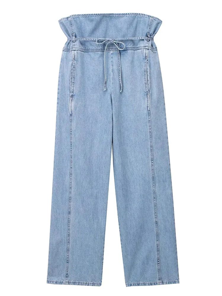 

TRAF 2023 summer new women's belt pleated denim jumpsuit high street sleeveless button-decorated straight trousers