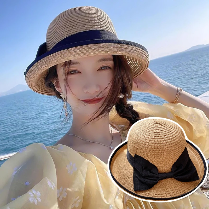 

Celebrities with The Same Sunshade Hat Rolled Straw Hat Women's Summer Sunscreen Travel Retro Hepburn Style Sun Hat Sunhat