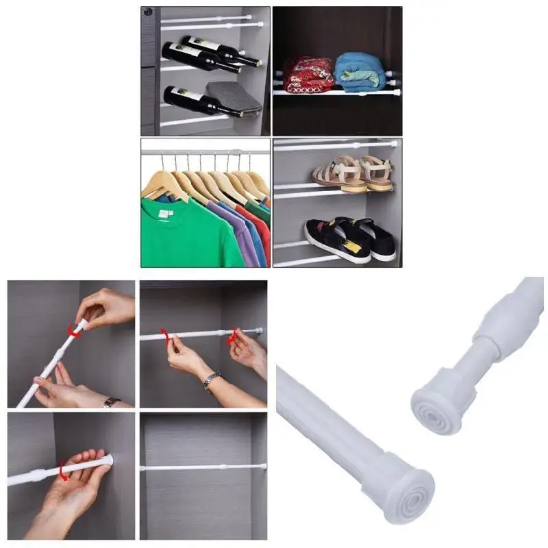 Spring Loaded Extendable Sticks Shower Curtain Rail Pole Adjustable Telescopic Pole Cupboard Wardrobe Hanging Rod No Drilling 4