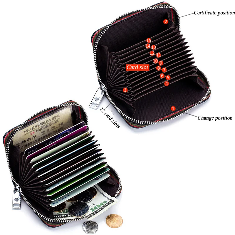 Women's Card Bag Genuine Leather Credit Card Holder Rfid Wallet Change Organizer Small Purse Zipper