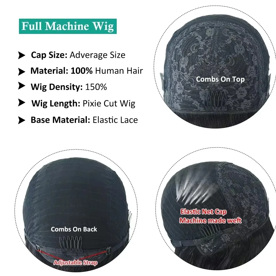 Short Human Hair Wigs Pixie Cut Straight perruque bresillienne for Black Women Machine Made Wigs With Bangs Cheap No Lace Wig