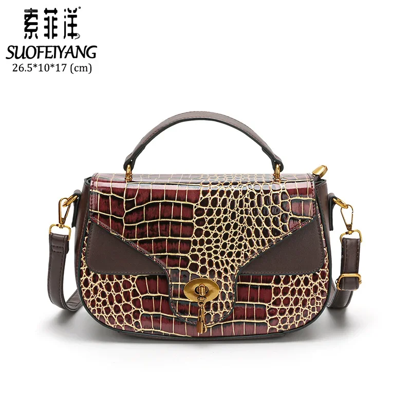 Women's Versatile Contrast Color Handbag Stone Pattern Shoulder Messenger 2024 New Saddle Bag