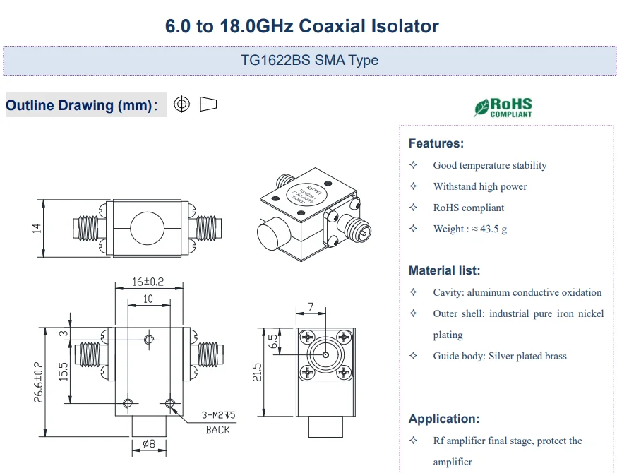 TG1622BS Broadband coaxial isolator 6-18GHz CW/CCW SMA Type for Rf amplifier fin