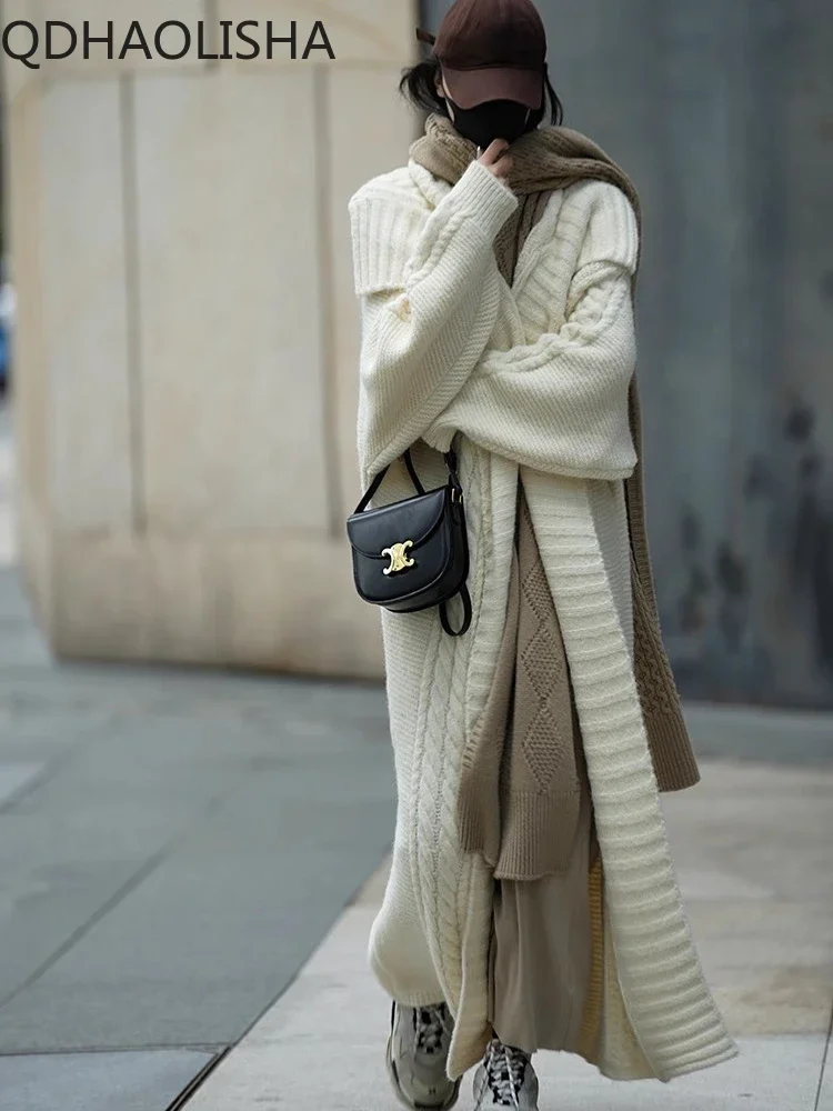 

Long Knitted Cardigan Coat Women Spring New in Elegant Lapel Long Sleeve Overcoat Loose Sweater Coat Streetwear Fashion Trench