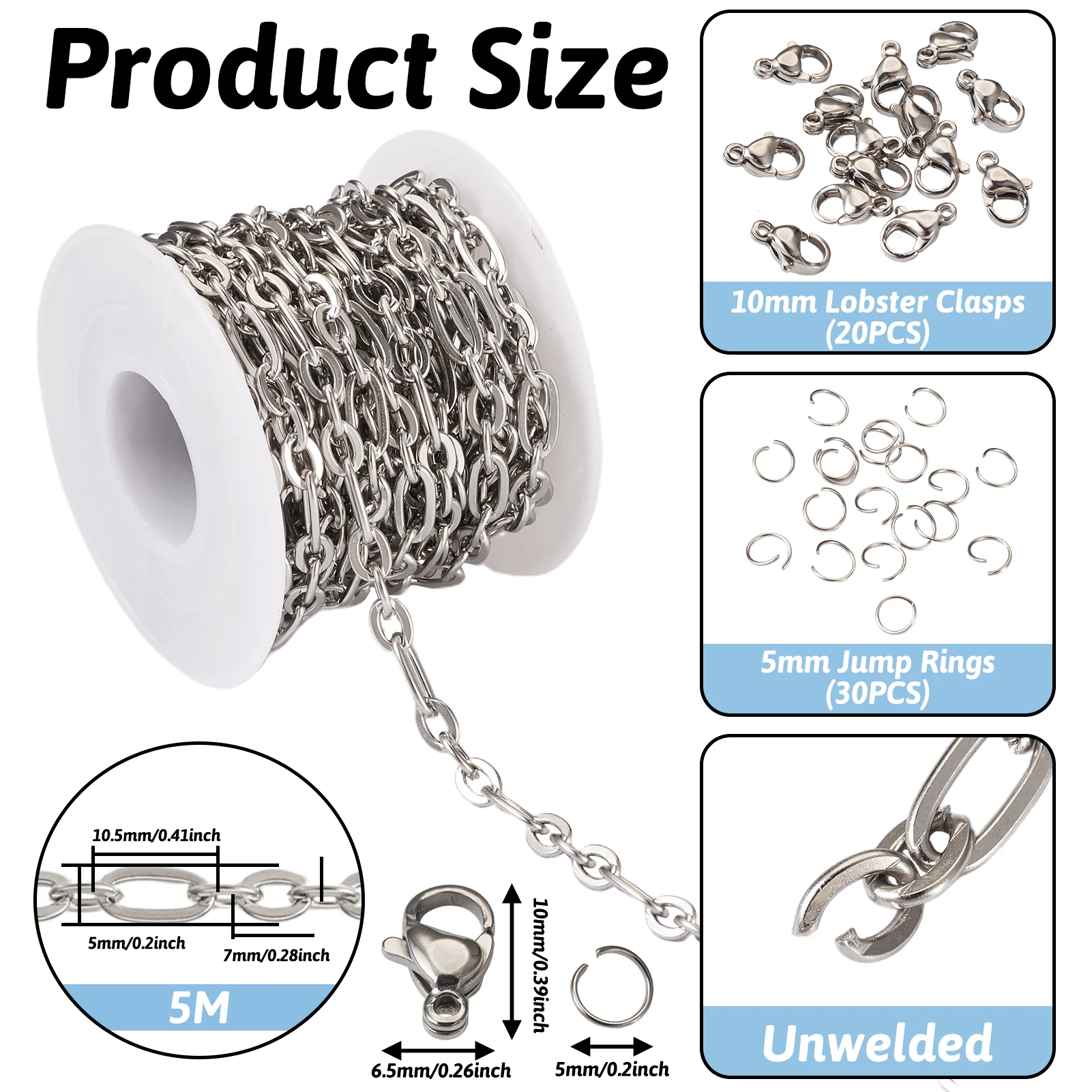 5M 304 Stainless Steel Figaro Chains With Lobster Clasps Open Jump Rings For Link Chain Necklace DIY  Jewelry Making Findings